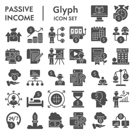 Passive income business solid icon set. Financial investment signs collection, sketches, logo illustrations, web symbols, glyph style pictograms package isolated on white background. Vector graphics.