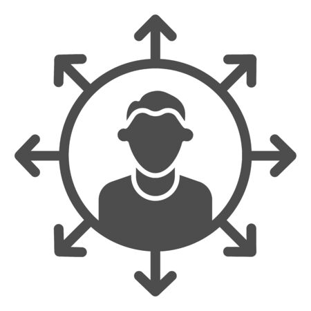Worker multitasking solid icon. Finance efficient person with many arrows symbol, glyph style pictogram on white background. Business sign for mobile concept or web design. Vector graphics.のイラスト素材