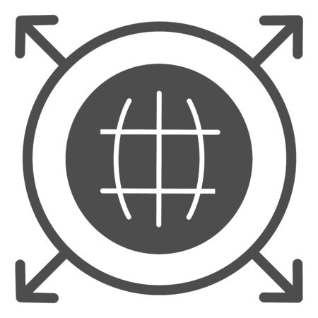 Global sales business solid icon. Earth globe and arrows symbol, glyph style pictogram on white background. Delivery or marketing sign for mobile concept and web design. Vector graphics.のイラスト素材