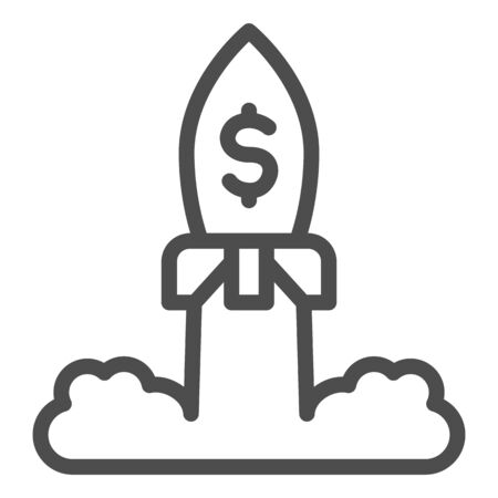 Rocket launch with dollar line icon. Space ship, business project startup symbol, outline style pictogram on white background. Money sign for mobile concept and web design. Vector graphics.のイラスト素材