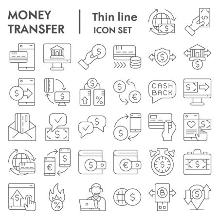 Money transfer thin line icon set. Finance and business signs collection, sketches, logo illustrations, web symbols, outline style pictograms package isolated on white background. Vector graphics.のイラスト素材
