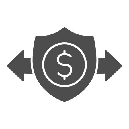 Shield with dollar and arrows solid icon. Coin spending emblem symbol, glyph style pictogram on white background. Money transfer sign for mobile concept and web design. Vector graphics.のイラスト素材