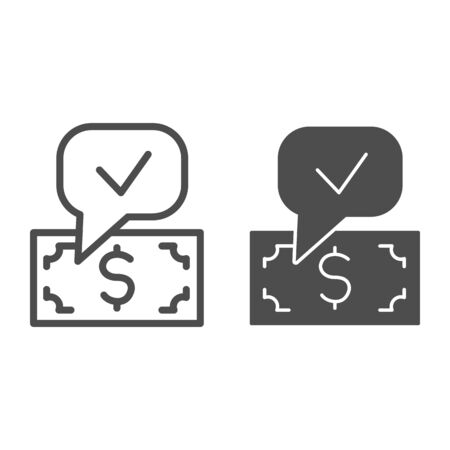 Dollar and check buble line and solid icon. Accepted banknote, cash payment symbol, outline style pictogram on white background. Money transfer sign for mobile concept or web design. Vector graphics.のイラスト素材