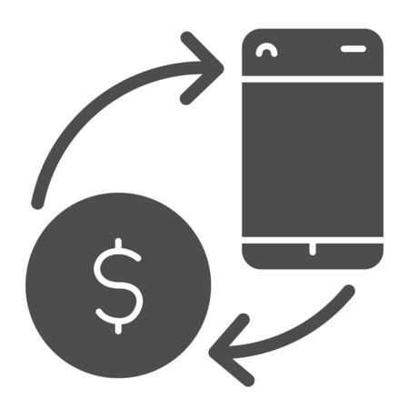 Online wallet exchange solid icon. Phone, dollar coin and arrows symbol, glyph style pictogram on white background. Money transfer sign for mobile concept and web design. Vector graphics.のイラスト素材