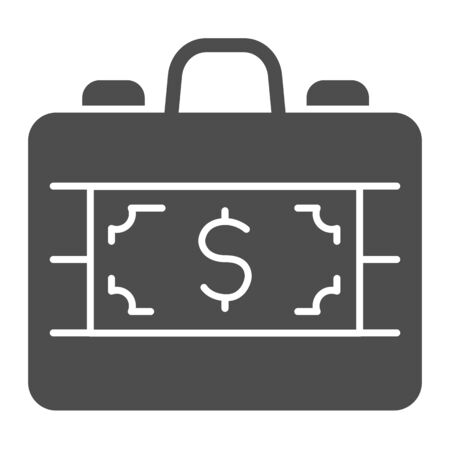 Cash briefcase solid icon. Suitcase with dollar banknote symbol, glyph style pictogram on white background. Money transfer sign for mobile concept and web design. Vector graphics.のイラスト素材