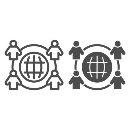Employee outsourcing line and solid icon. Business outsource, globe and four persons symbol, outline style pictogram on white background. Teamwork sign for mobile concept, web design.のイラスト素材
