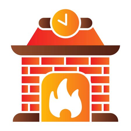 Fireplace flat icon. Apartment decoration with fire and clock symbol, gradient style pictogram on white background. Christmas holiday sign for mobile concept and web design.のイラスト素材