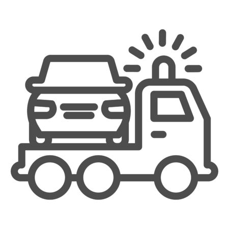Tow truck line icon. Vehicle salvage with pick up damaged vehicle symbol, outline style pictogram on white background. Car accident sign for mobile concept and web design.のイラスト素材