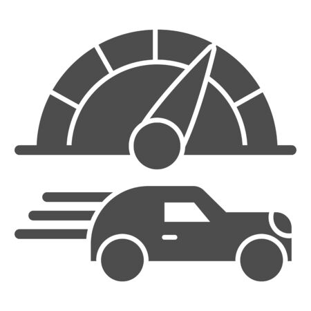 Fast car and speed counter solid icon. Vehicle and speedometer, driving symbol, glyph style pictogram on white background. Transport sign for mobile concept, web design.のイラスト素材