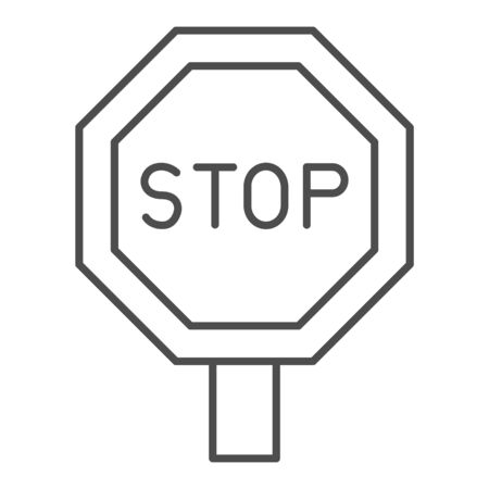 Octagonal signboard stop thin line icon. Traffic warning and road signal symbol, outline style pictogram on white background. Car accident sign for mobile concept and web design. Vector graphics.のイラスト素材