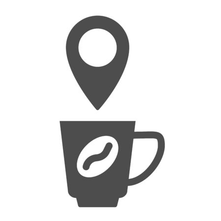 Cup of coffee with location solid icon. Map pin with mug and bean symbol, glyph style pictogram on white background. Caffeine or cafe sign for mobile concept or web design. Vector graphics.のイラスト素材