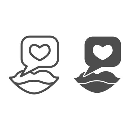 Talking about love line and solid icon. Woman lips with heart in speech bubble symbol, outline style pictogram on white background. Valentines day sign for mobile concept, web design. Vector graphics.のイラスト素材