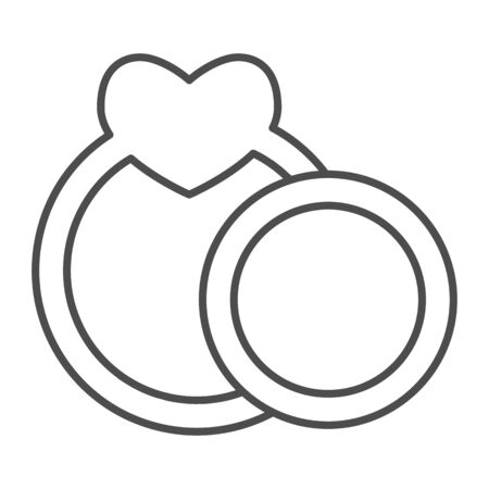 Two wedding rings thin line icon. Couple engagement ring with heart shape symbol, outline style pictogram on white background. Valentine day sign for mobile concept, web design. Vector graphics.のイラスト素材