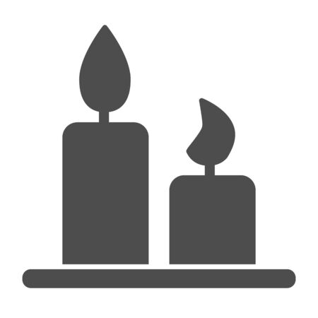 Romantic candles on plate solid icon. Two burning candle with tray symbol, glyph style pictogram on white background. Valentines day sign for mobile concept and web design. Vector graphics.のイラスト素材