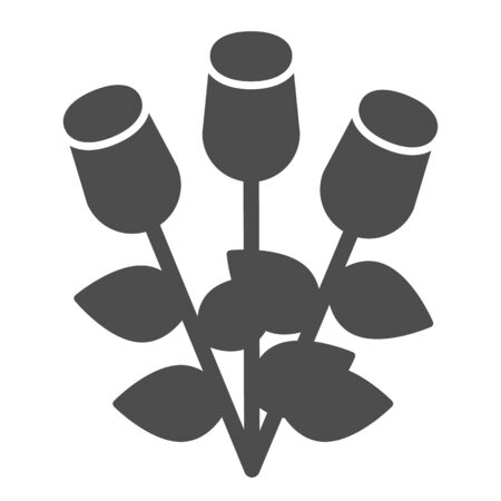 Bouquet of roses solid icon. Three romantic flower bud with leaves symbol, glyph style pictogram on white background. Valentines day sign for mobile concept and web design. Vector graphics.のイラスト素材