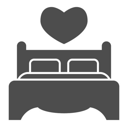 Double bed and pillows solid icon. Bedding furniture with heart shape symbol, glyph style pictogram on white background. Valentines day sign for mobile concept, web design. Vector graphics.のイラスト素材