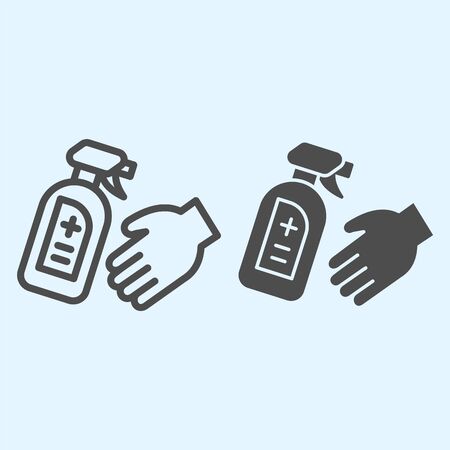 Antiseptic spray bottle for hands line and solid icon. Disinfectant and hand outline style pictogram on white background. Corona virus prevention for mobile concept and web design. Vector graphics.のイラスト素材