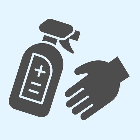 Antiseptic spray bottle for hands solid icon. Disinfectant and hand glyph style pictogram on white background. Corona virus prevention signs for mobile concept and web design. Vector graphics.のイラスト素材