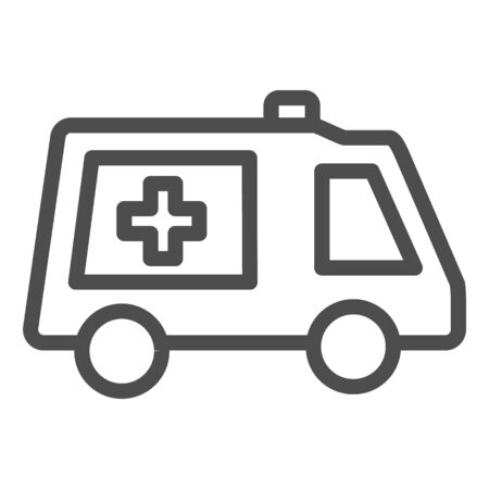 Ambulance vehicle line icon. Hospital bus or help emergency transport symbol, outline style pictogram on white background. Medicine sign for mobile concept and web design. Vector graphics.のイラスト素材