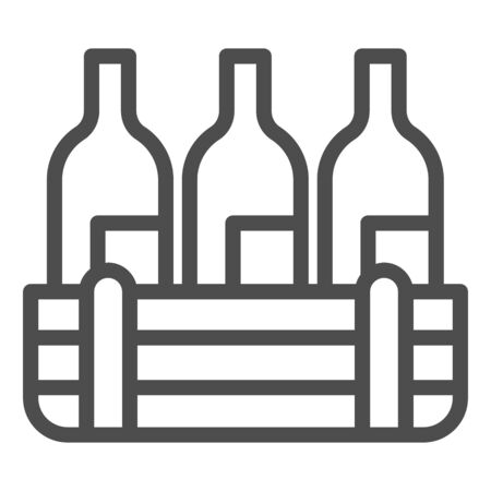 Box of wine bottles line icon. Three alcohol drink bottle in wooden crate outline style pictogram on white background. Winery production signs for mobile concept and web design. Vector graphics.のイラスト素材