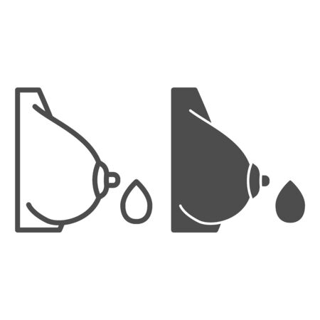 Woman chest line and solid icon. Female breast with drop of milk outline style pictogram on white background. Maternity and Lactating signs for mobile concept and web design. Vector graphics.のイラスト素材