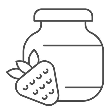 Strawberry jam thin line icon. Glass can jar and strawberries outline style pictogram on white background. Children homemade dessert in a bank for mobile concept and web design. Vector graphics.のイラスト素材