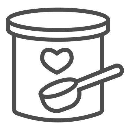 Dried milk and spoon line icon. Baby food in a plastic can with small spoon outline style pictogram on white background. Childrens nutrition for mobile concept and web design. Vector graphics.のイラスト素材