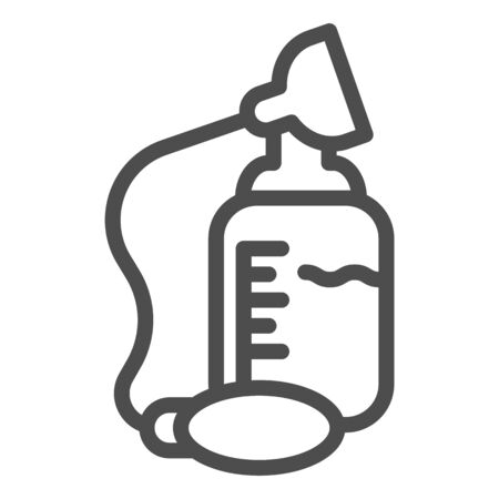 Milk breast suction pump line icon. Breast sucker and feeding bottle for baby outline style pictogram on white background. Maternity signs for mobile concept and web design. Vector graphics.のイラスト素材