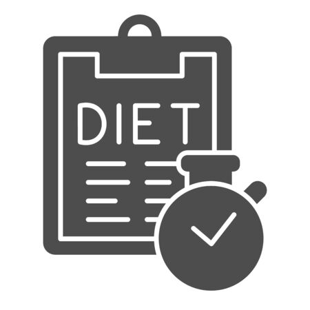 Diet menu and timer solid icon. Menu plan checklist with clock glyph style pictogram on white background. Healthy food and dieting for mobile concept and web design. Vector graphics.のイラスト素材
