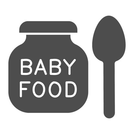 Baby food solid icon. Baby puree in glass can jar with small spoon glyph style pictogram on white background. Childrens nutrition smoothies for mobile concept and web design. Vector graphics.のイラスト素材