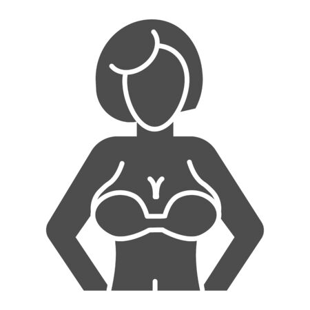 Woman with big breasts solid icon. Female figure glyph style pictogram on white background. Woman breast in a bra for mobile concept and web design. Vector graphics.のイラスト素材