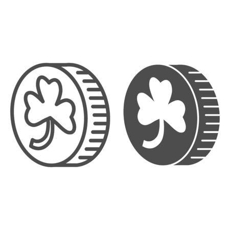 Coin with clover line and solid icon. Leprechauns gold lucky coin with four leaf outline style pictogram on white background. Saint Patricks wealth for mobile concept and web design. Vector graphicsのイラスト素材