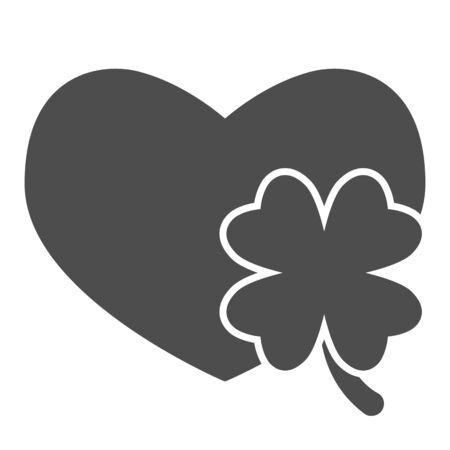 Heart with clover leaf solid icon. Love symbol and Patrick day shamrock glyph style pictogram on white background. Saint Patricks signs for mobile concept and web design. Vector graphics.のイラスト素材