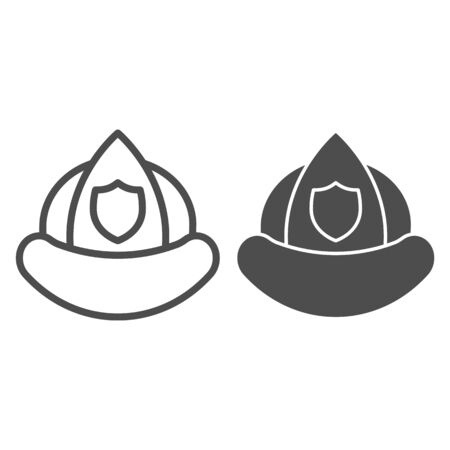 Firefighter helmet line and solid icon. Fireman protection hat with shield emblem outline style pictogram on white background. Firefighting signs for mobile concept and web design. Vector graphics.のイラスト素材