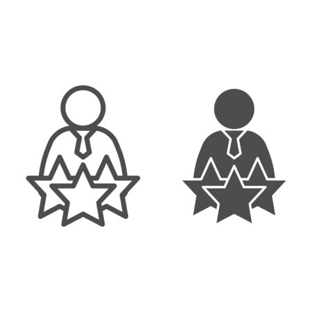 Successful candidate line and solid icon. Man with tie and three stars outline style pictogram on white background. Best selected person for mobile concept and web design. Vector graphics.のイラスト素材