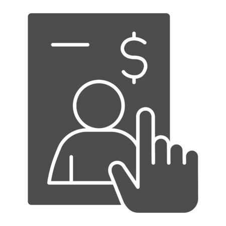 Application form with photo solid icon. Candidate questionnaire and hand pointed glyph style pictogram on white background. Headhunting for mobile concept and web design. Vector graphics.のイラスト素材