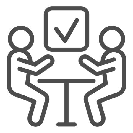 Business meeting line icon. Two person at the table and marker checkbox outline style pictogram on white background. Interview candidate for mobile concept and web design. Vector graphics.のイラスト素材