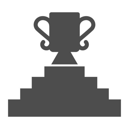 Golden trophy on staircase solid icon. Pedestal with stairs and cup on top glyph style pictogram on white background. First place award for mobile concept and web design. Vector graphics.のイラスト素材