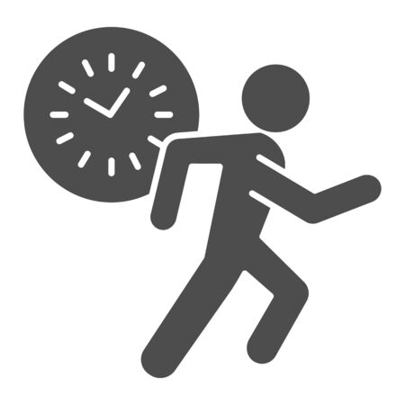 Late for work or meeting solid icon. Clock and silhouette of running man glyph style pictogram on white background. Time to Work for mobile concept and web design. Vector graphics.のイラスト素材