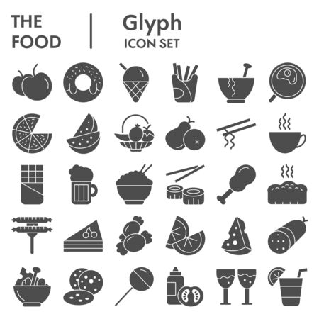 Fooddrinks solid icon set. Food and drink signs collection or sketches, logo illustrations, web symbols, glyph style pictograms package isolated on white background. Vector graphics.のイラスト素材