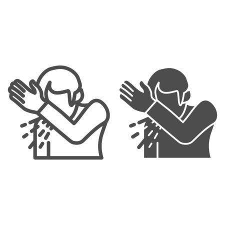 Coughs rules line and solid icon. Man sneezes or coughs with his hand outline style pictogram on white background. Sputum corona virus spread for mobile concept and web design. Vector graphics.のイラスト素材