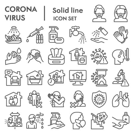 Coronavirus line icon set, Covid-19 symbols set collection or vector sketches. 2019-ncov prevention signs set for computer web, the linear pictogram style package isolated on white backgroundのイラスト素材