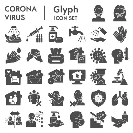 Coronavirus solid icon set, Covid-19 symbols set collection or vector sketches. 2019-ncov prevention signs set for computer web, the glyph pictogram style package isolated on white backgroundのイラスト素材