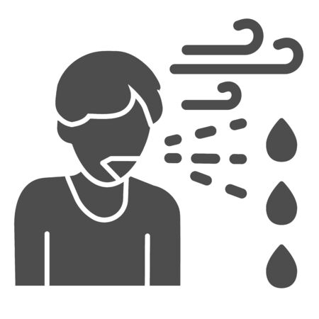 Man sneezes or coughs solid icon. Person sprays a virus in the air around glyph style pictogram on white background. Sputum corona virus spread for mobile concept and web design. Vector graphicsのイラスト素材