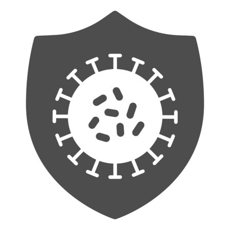 Coronavirus bacteria on shield solid icon. Immune from flu germ glyph style pictogram on white background. Coronavirus protection shield for mobile concept and web design. Vector graphicsのイラスト素材