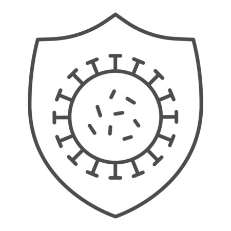 Coronavirus bacteria on shield thin line icon. Immune from flu germ outline style pictogram on white background. Coronavirus protection shield for mobile concept and web design. Vector graphicsのイラスト素材