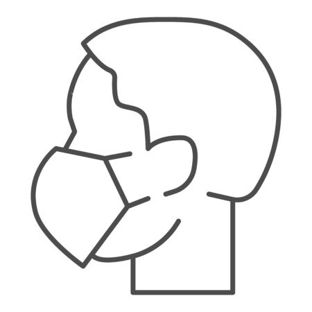 Person head with respirator or mask thin line icon. Masked person outline style pictogram on white background. Coronavirus prevention signs for mobile concept and web design. Vector graphicsのイラスト素材