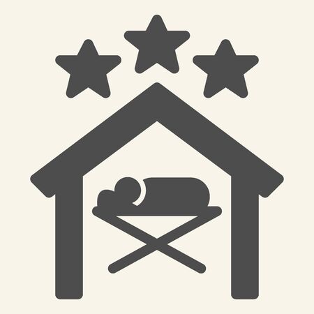 Christmas scene solid icon. Birth of Christ holy night glyph style pictogram on white background. Baby Jesus lies in manger under stars for mobile concept and web design. Vector graphics.のイラスト素材