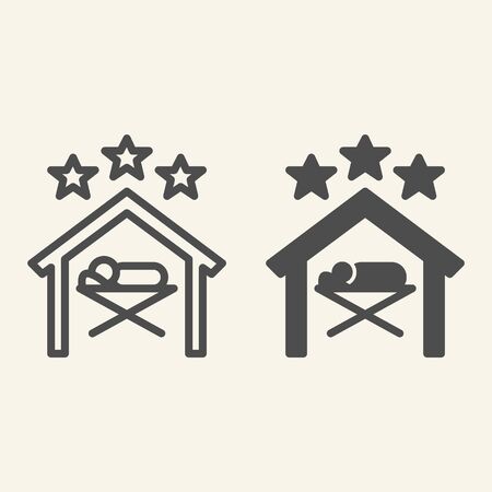 Christmas scene line and solid icon. Birth of Christ holy night outline style pictogram on white background. Baby Jesus lies in manger under stars for mobile concept and web design. Vector graphics.のイラスト素材