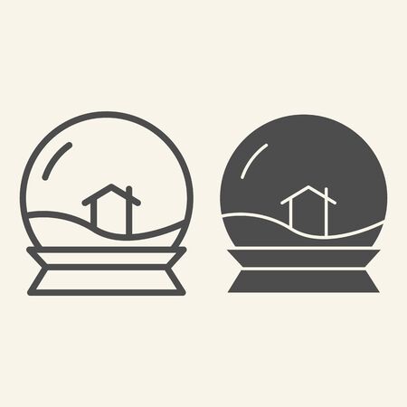 Glass toy ball line and solid icon. Snowglobe with house inside outline style pictogram on white background. Crystal snow souvenir and lodge sign for mobile concept and web design. Vector graphics.のイラスト素材